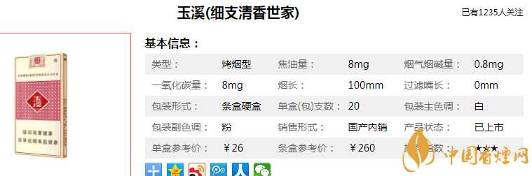 玉溪清香世家多少钱一包 玉溪清香世家(细支)价格26元