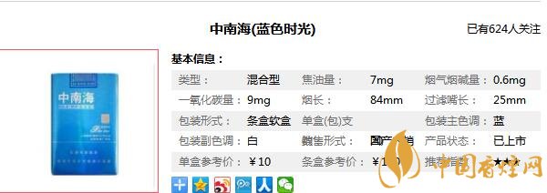中南海蓝色时光多少钱一包 中南海蓝色时光香烟价格图片